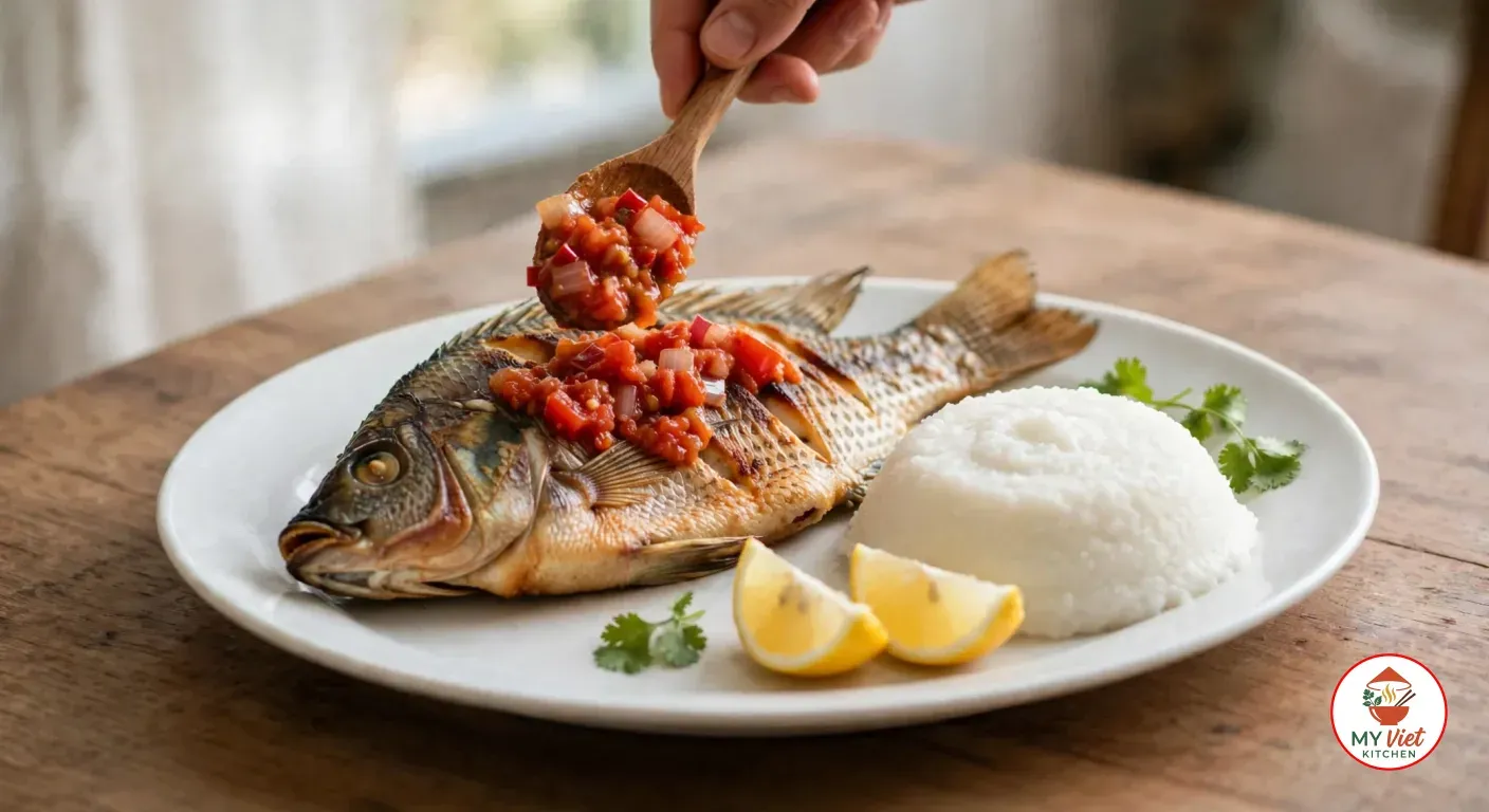 Spooning a tomato and onion relish from a wooden spoon over a whole pan-fried chambo on a white plate, beside a mound of white nsima, two lemon wedges and cilantro on a wooden table