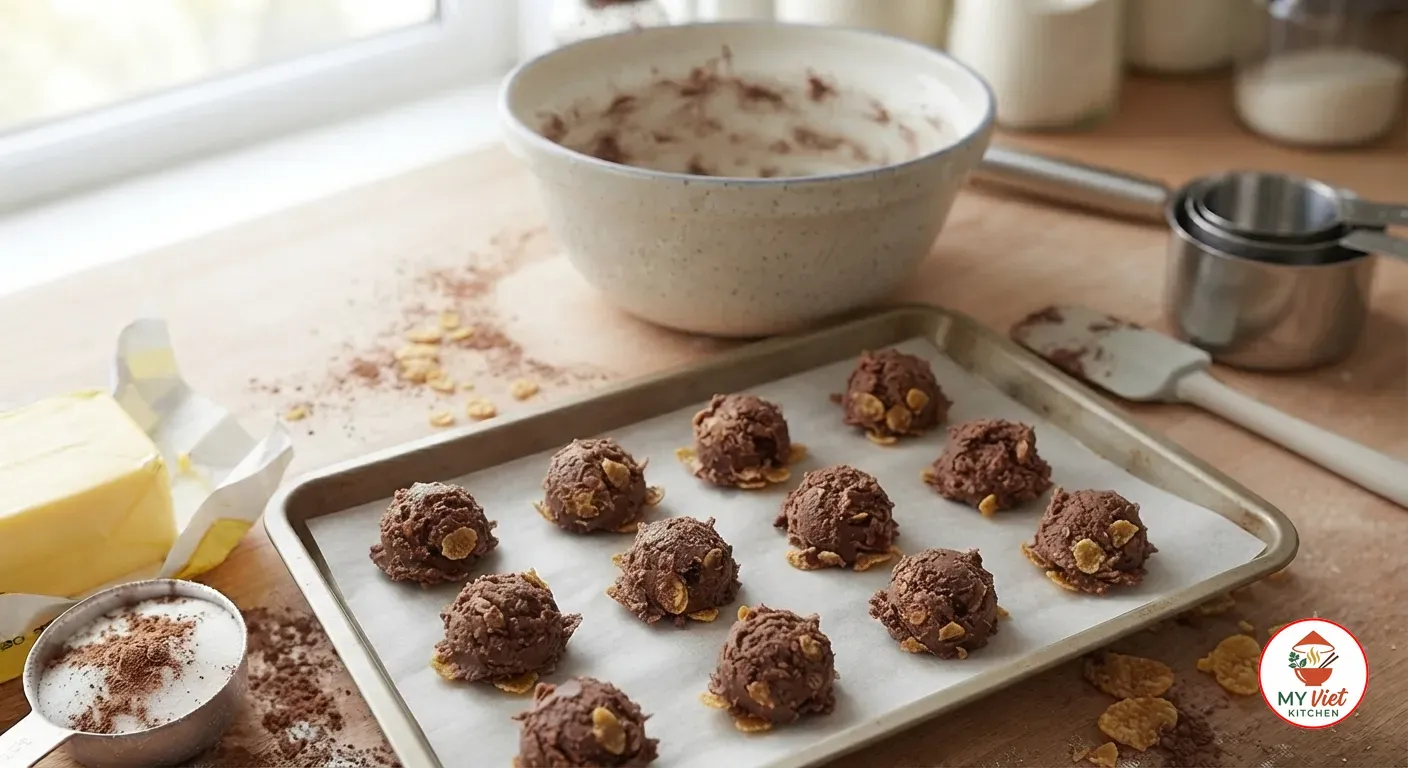 Rough balls of chocolate cornflake dough lined up on a parchment-lined baking tray