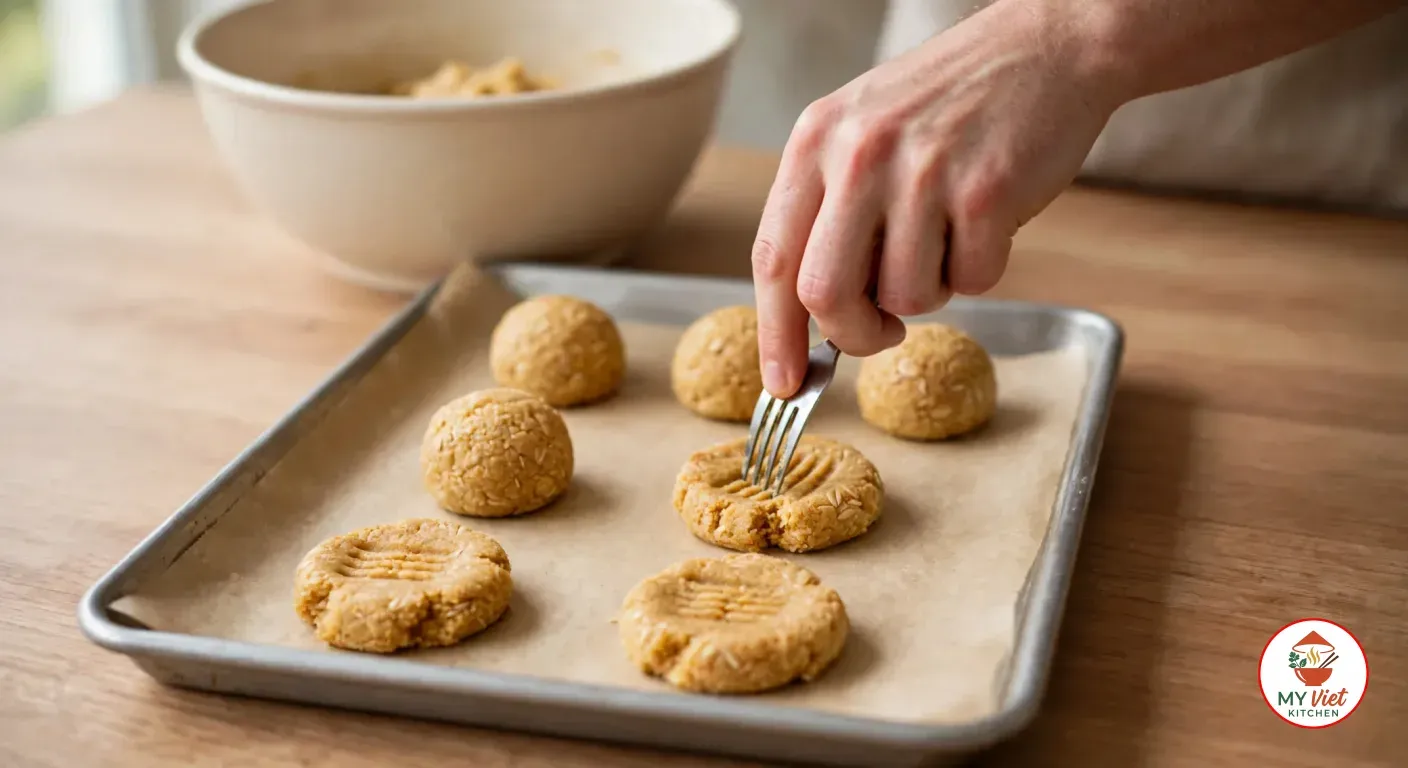 Flattening balls of ANZAC biscuit dough with a fork on a baking tray lined with parchment paper, with the bowl of remaining dough behind