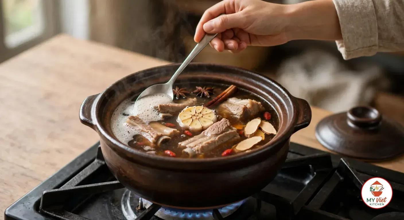 Skimming pale foam with a steel spoon from the gently simmering broth in the clay pot over a low blue flame, with the pot's clay lid resting beside the stove