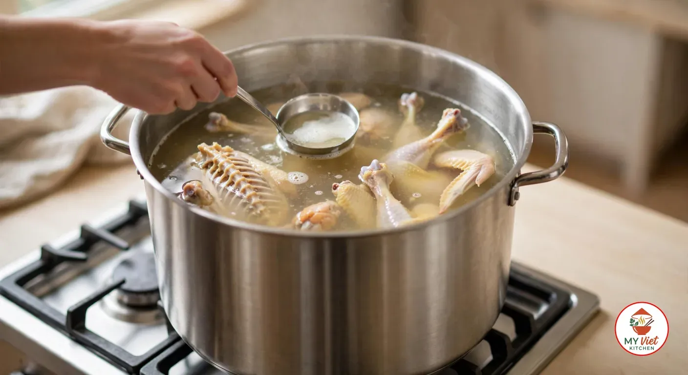 A hand skimming foam from a stockpot of clear golden broth simmering with chicken backs, necks and wings