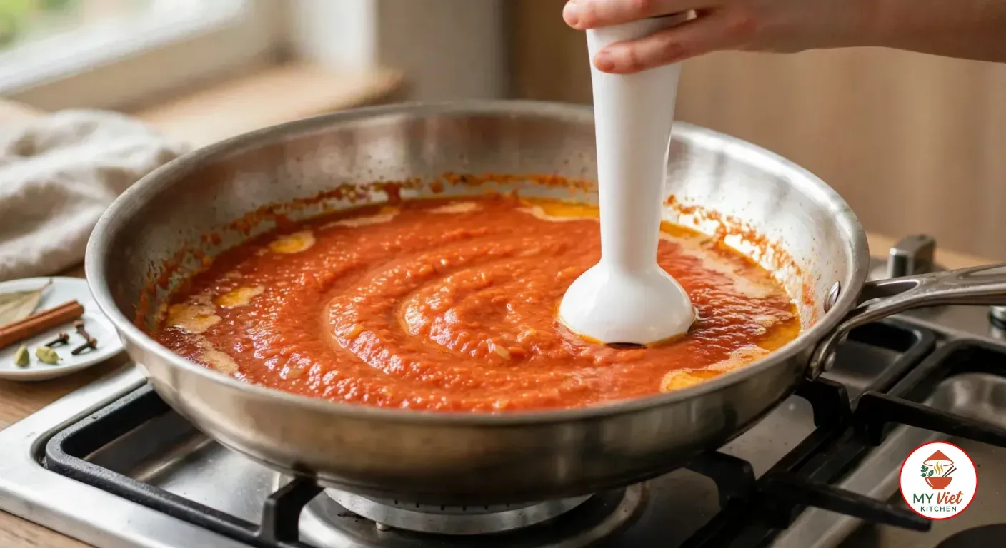 Blending a thick orange-red tomato and onion sauce smooth with a white immersion blender in the stainless steel sauté pan off the heat, with small pools of orange butter at the edges and the removed cinnamon stick, cardamom pods, cloves and bay leaf on a saucer beside it