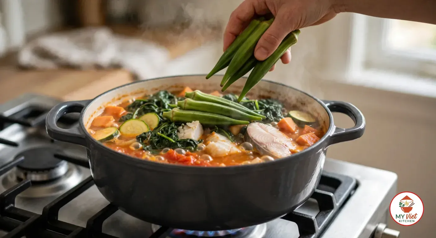 Laying whole green okra pods on top of simmering calulu with wilted spinach, sweet potato, zucchini and flaky white fish in an orange-red broth, in a dark grey pot over a blue gas flame