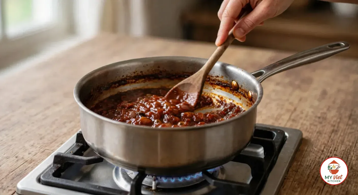Dragging a wooden spoon through thick, glossy dark reddish-brown bush tomato chutney in the stainless steel saucepan over a low gas flame, the spoon leaving a trail to the bottom of the pan and a dark reduced ring on the pan wall above the chutney