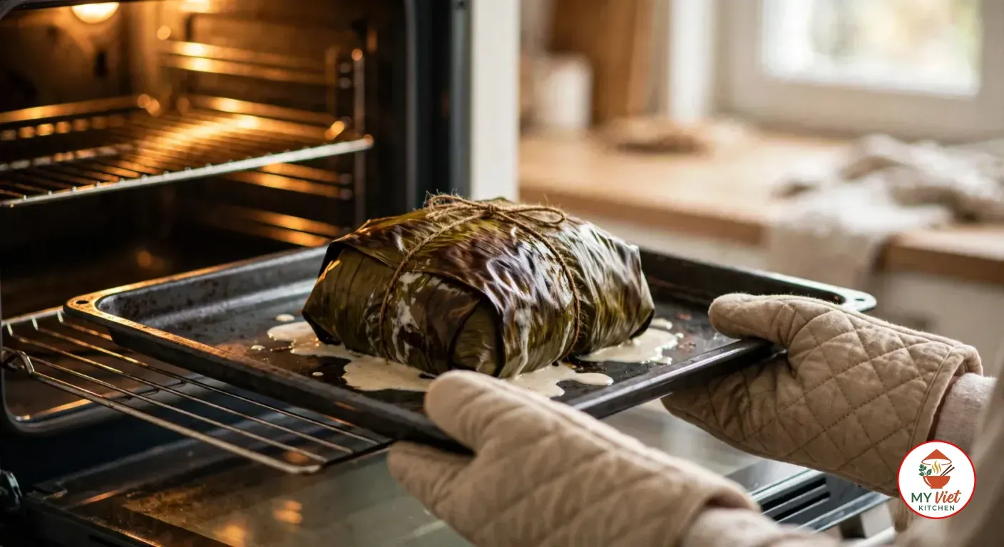 Sliding a dark rimmed baking tray out of a glowing oven with quilted oven mitts, a banana leaf parcel tied with jute twine on it, its leaves baked dark olive and brown and a little creamy coconut juice seeped out onto the tray