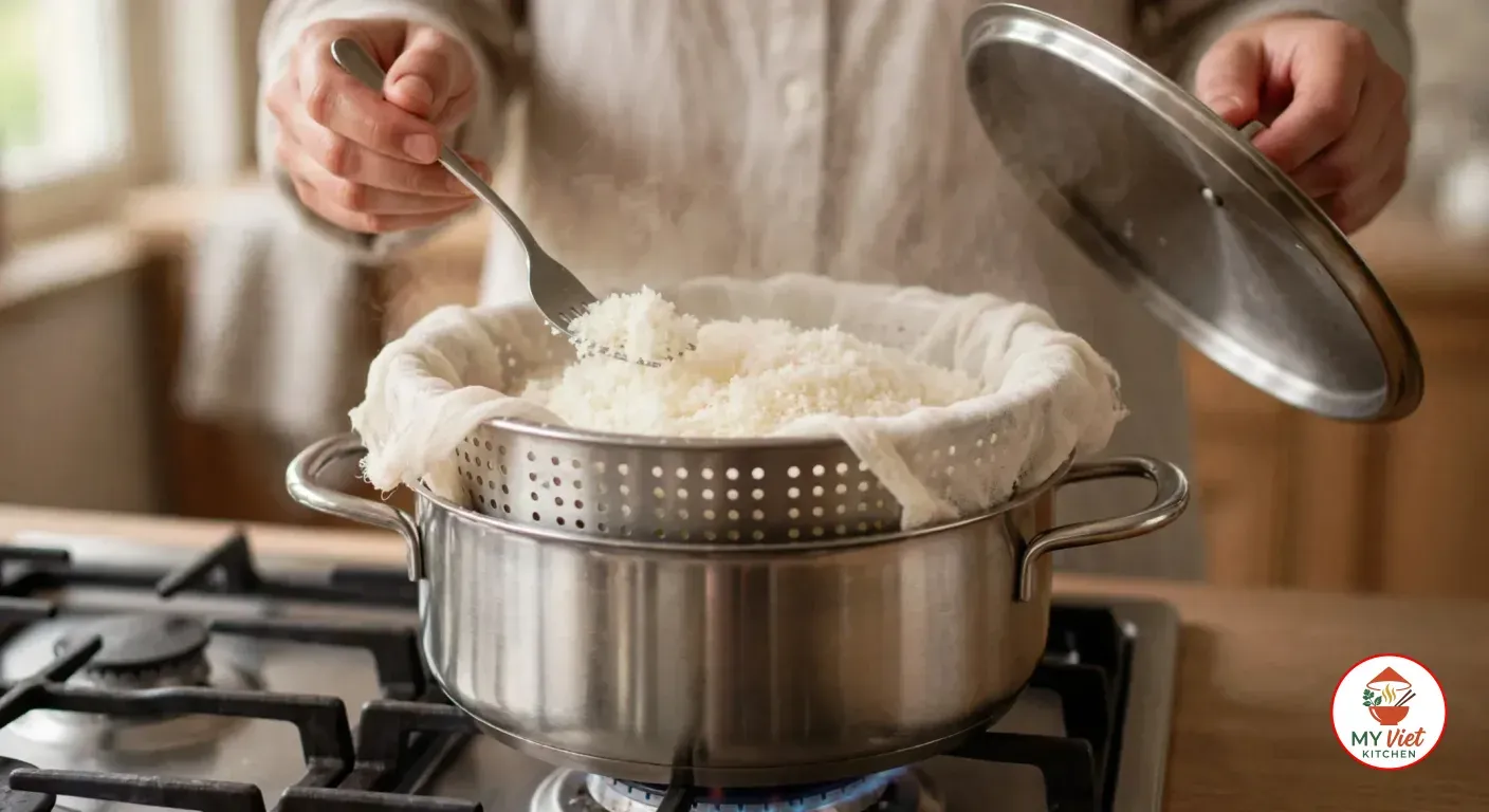 Fluffing cassava granules with a fork in a cheesecloth-lined steamer basket over a pot on the gas stove, with the lid lifted aside
