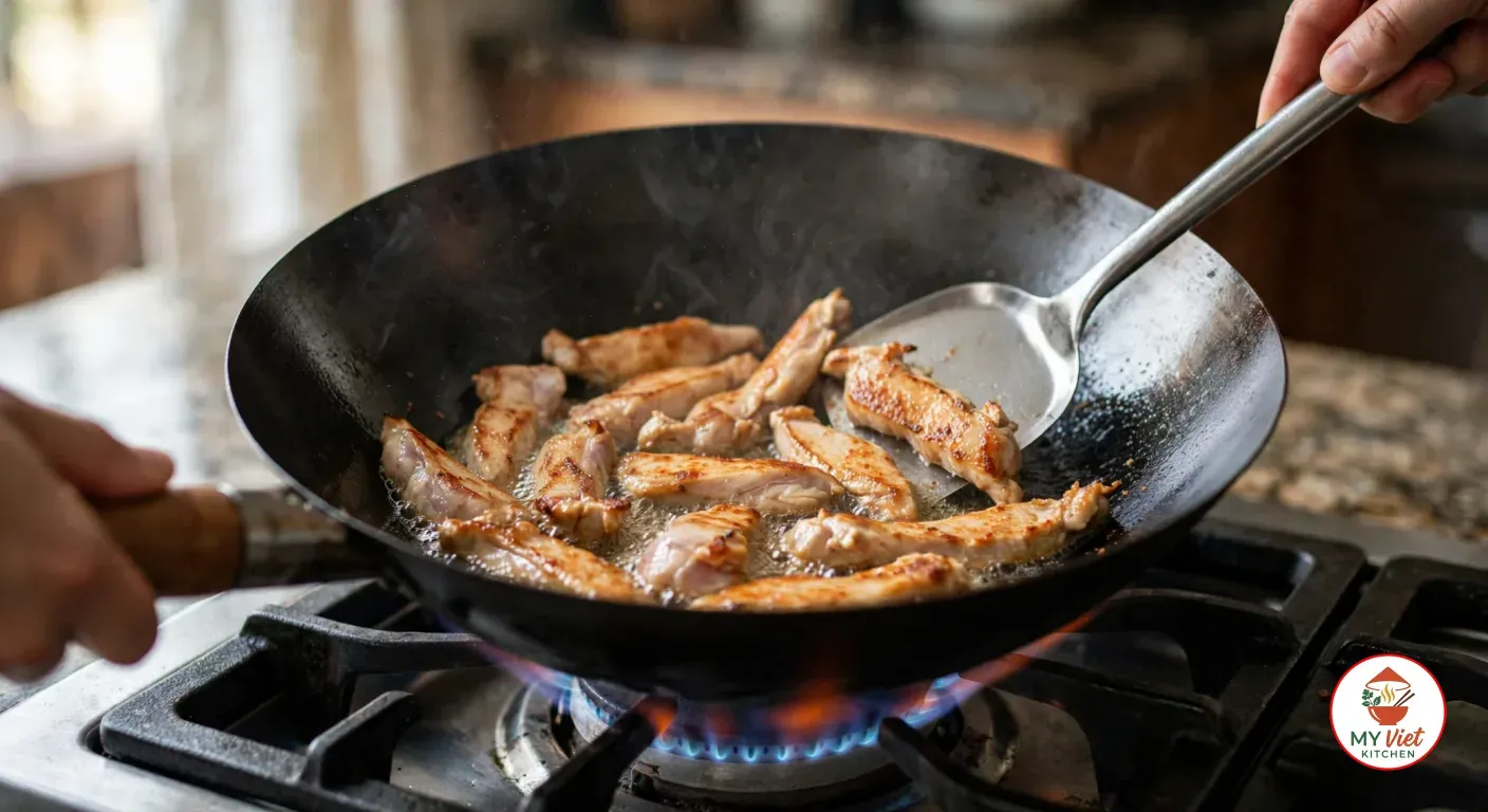 Strips of chicken thigh searing golden in a black carbon-steel wok over a blue gas flame, one hand holding the wooden handle and the other turning a strip with a steel wok spatula
