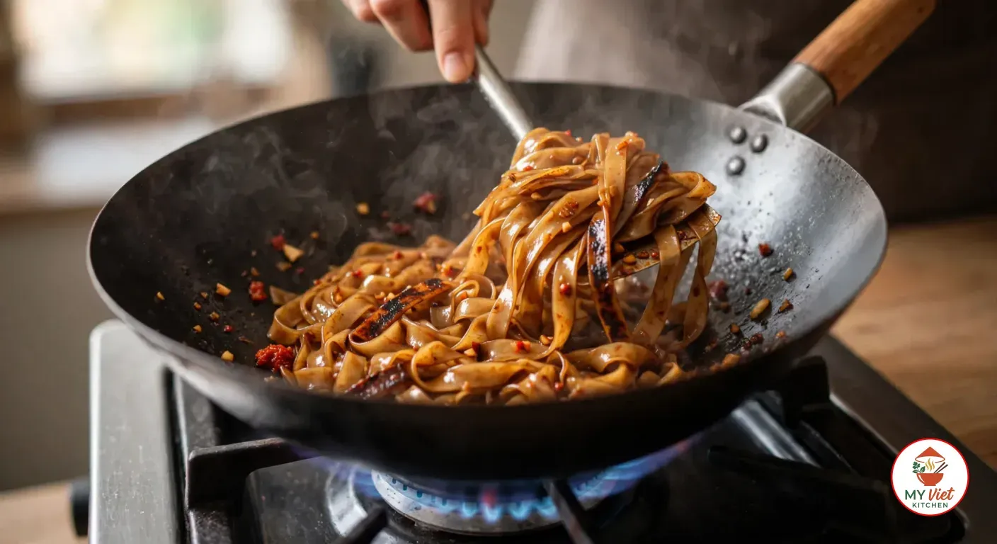 Lifting caramel-brown flat rice noodles with scorched edges and specks of chili paste on a steel spatula in a smoking black wok over a gas flame