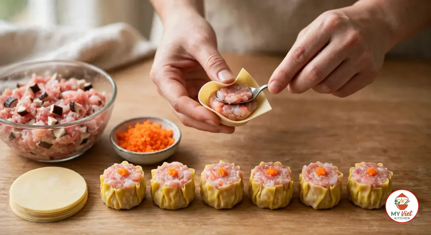 A hand pressing pork and shrimp filling into a pale yellow wrapper with a small spoon, behind a row of six raw siu mai topped with minced carrot, a stack of round wrappers, a bowl of filling and a dish of carrot