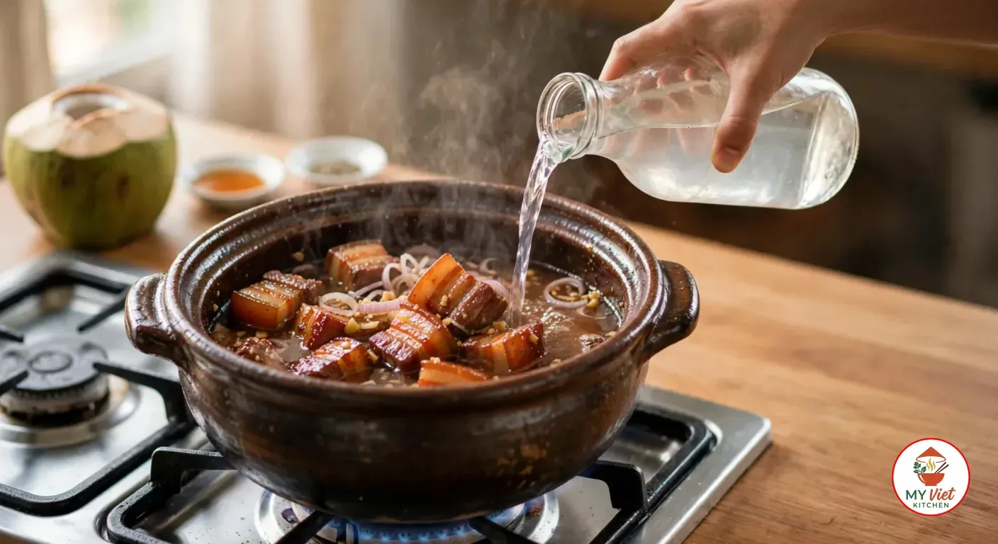 Coconut water poured from a glass bottle into the clay pot of caramelized pork belly, an opened young coconut and dishes of fish sauce and pepper behind