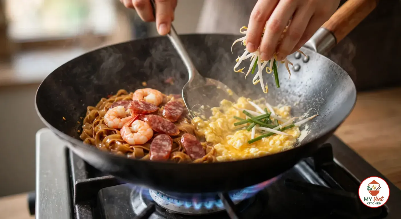 Scrambling an egg beside flat rice noodles topped with prawns and Chinese sausage in a black wok, while a hand drops in bean sprouts and garlic chives