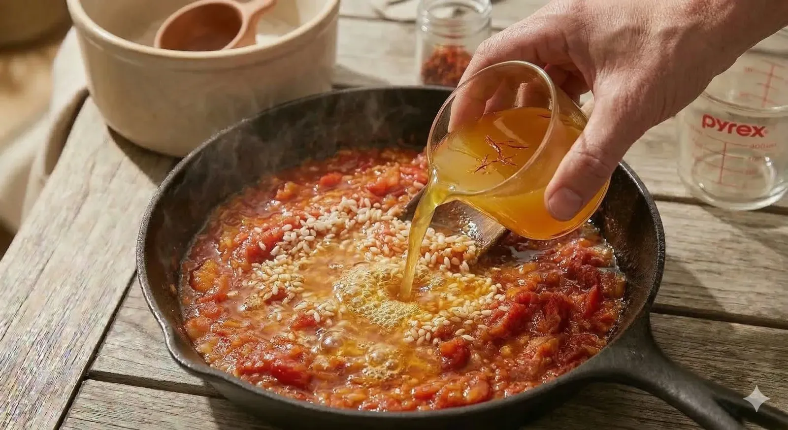 Step 5: Add the Saffron Broth and Simmer