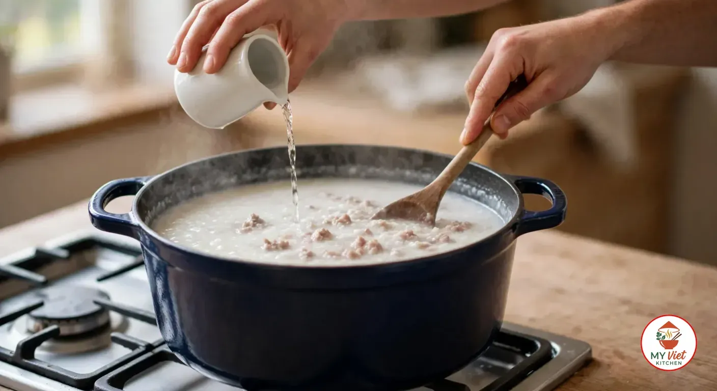 One hand pouring hot water from a small white jug into creamy congee with cooked minced pork while the other stirs with a wooden spoon, in a dark blue Dutch oven on a gas stove