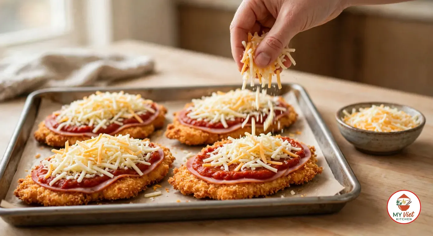 A hand sprinkling shredded mozzarella and cheddar over four crumbed chicken schnitzels topped with ham and napoli sauce on a parchment-lined baking tray, beside a bowl of shredded cheese