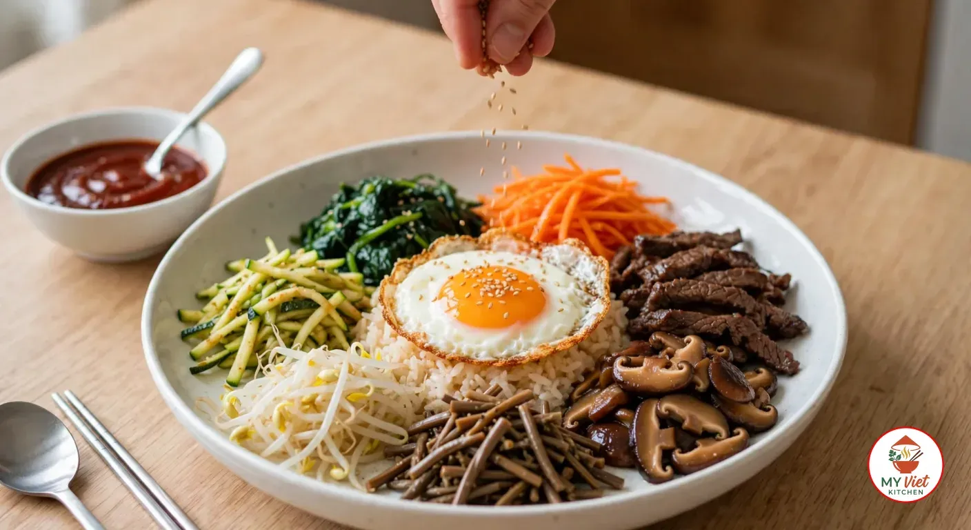 Sprinkling toasted sesame seeds over a wide white bowl of rice topped with separate sections of spinach, carrots, zucchini, bean sprouts, fernbrake, shiitake mushrooms and beef around a sunny-side-up egg, a small bowl of gochujang sauce, a steel spoon and chopsticks on the wooden table beside it