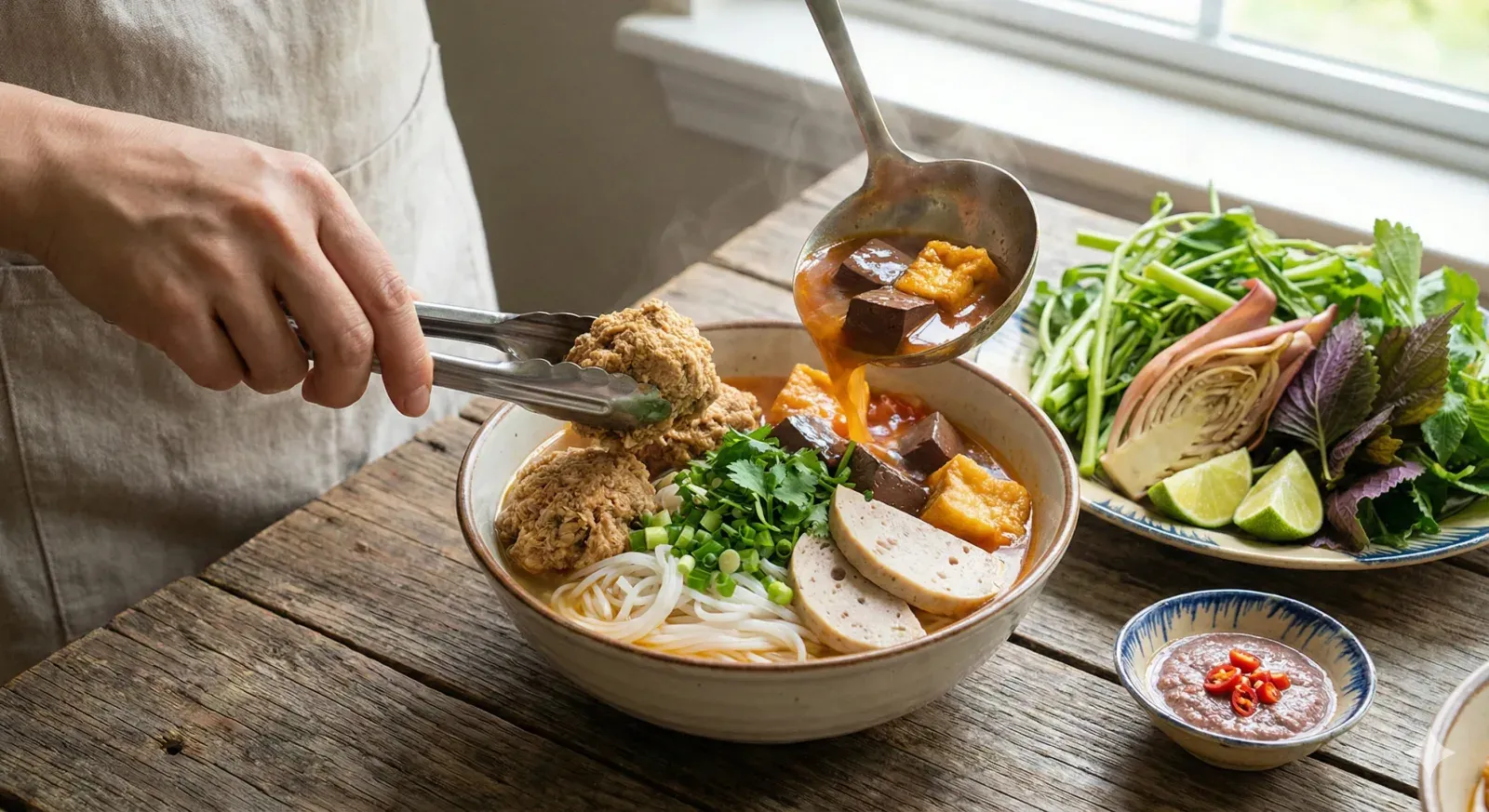 A bowl of bun rieu cua Vietnamese crab noodle soup with herbs