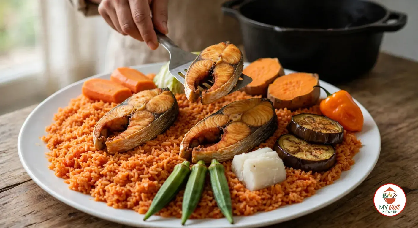 Lowering a golden fried fish steak with a fish slice onto a platter of orange-red benachin rice that already holds two fish steaks, carrots, sweet potato halves, eggplant rounds, cassava, okra pods and a scotch bonnet pepper, a black cast-iron pot behind on the wooden table