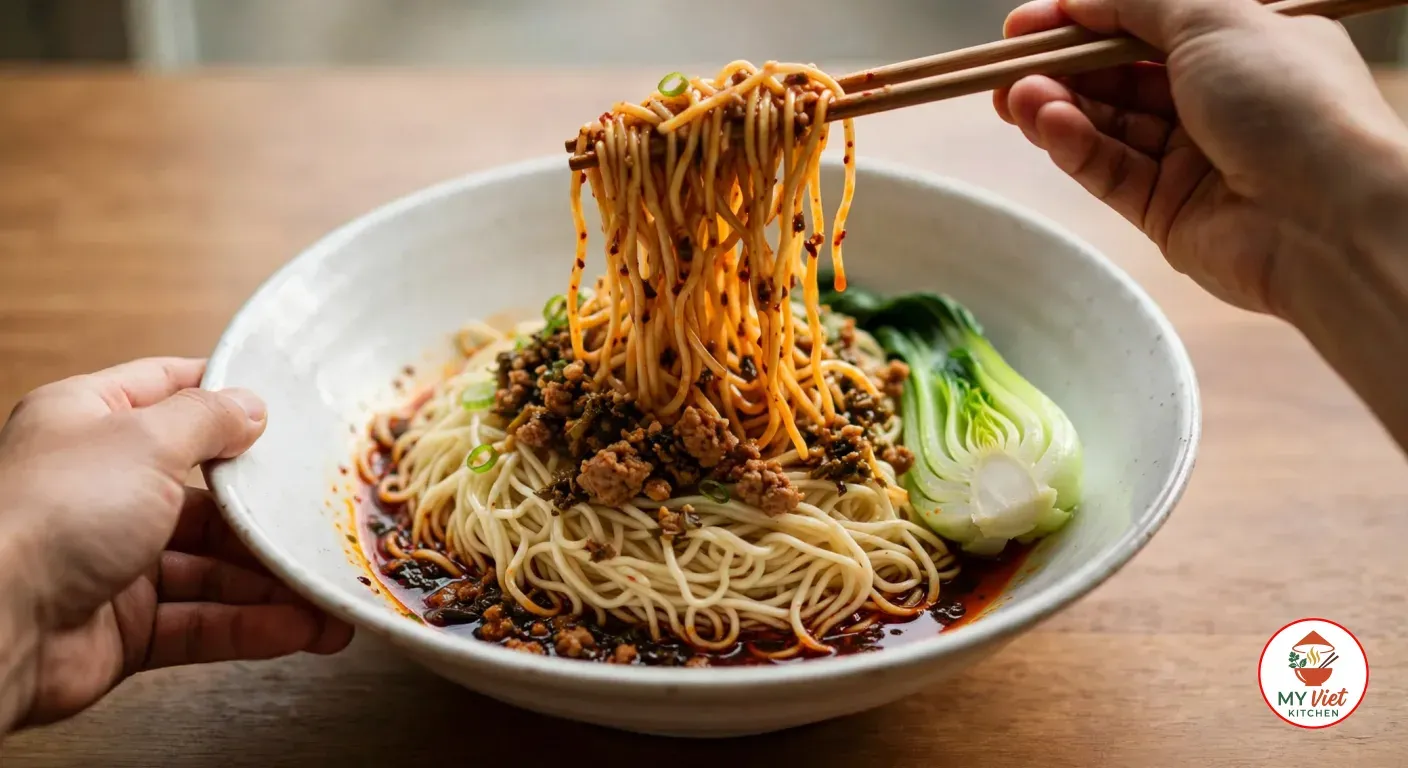 Hands tossing dan dan noodles with wooden chopsticks in a wide white bowl, lifted strands coated in red chili oil, with crisp pork, ya cai, green onion and half a baby bok choy still in the bowl