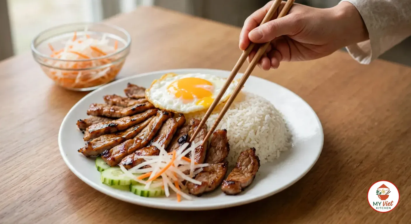 A hand using wooden chopsticks to lay julienned pickled daikon and carrot onto a white plate of grilled pork slices, cucumber and jasmine rice topped with a fried egg, a glass bowl of pickles behind