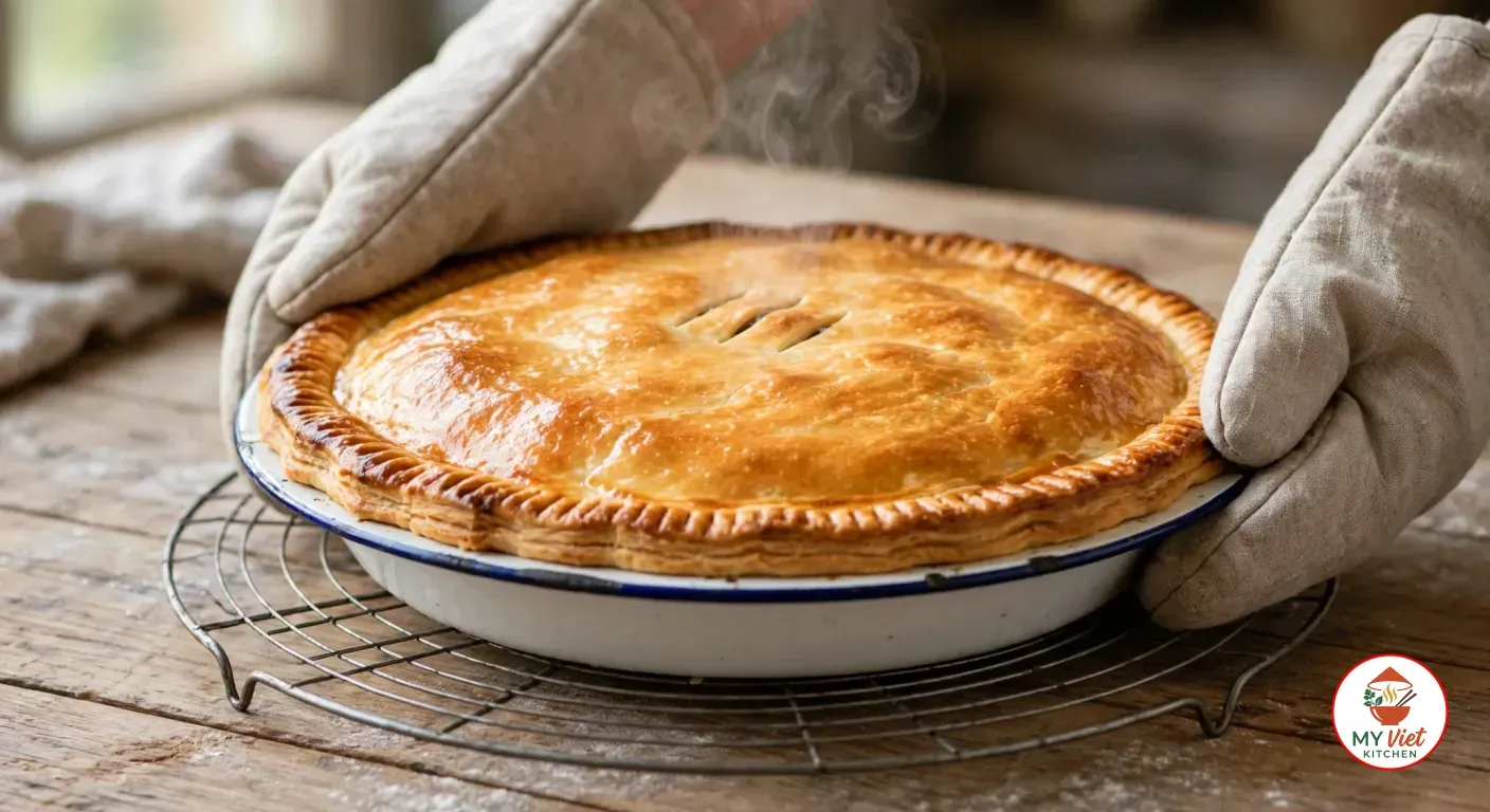 Hands in linen oven mitts setting the golden, puffed pie in its white enamel dish onto a round wire cooling rack, steam rising from the slits
