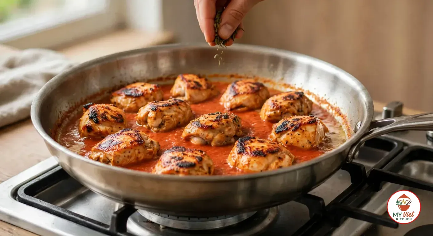 Crumbling dried fenugreek leaves between finger and thumb over the stainless steel sauté pan, where ten seared boneless chicken thigh chunks with charred spots sit half-submerged in smooth orange-red tomato sauce