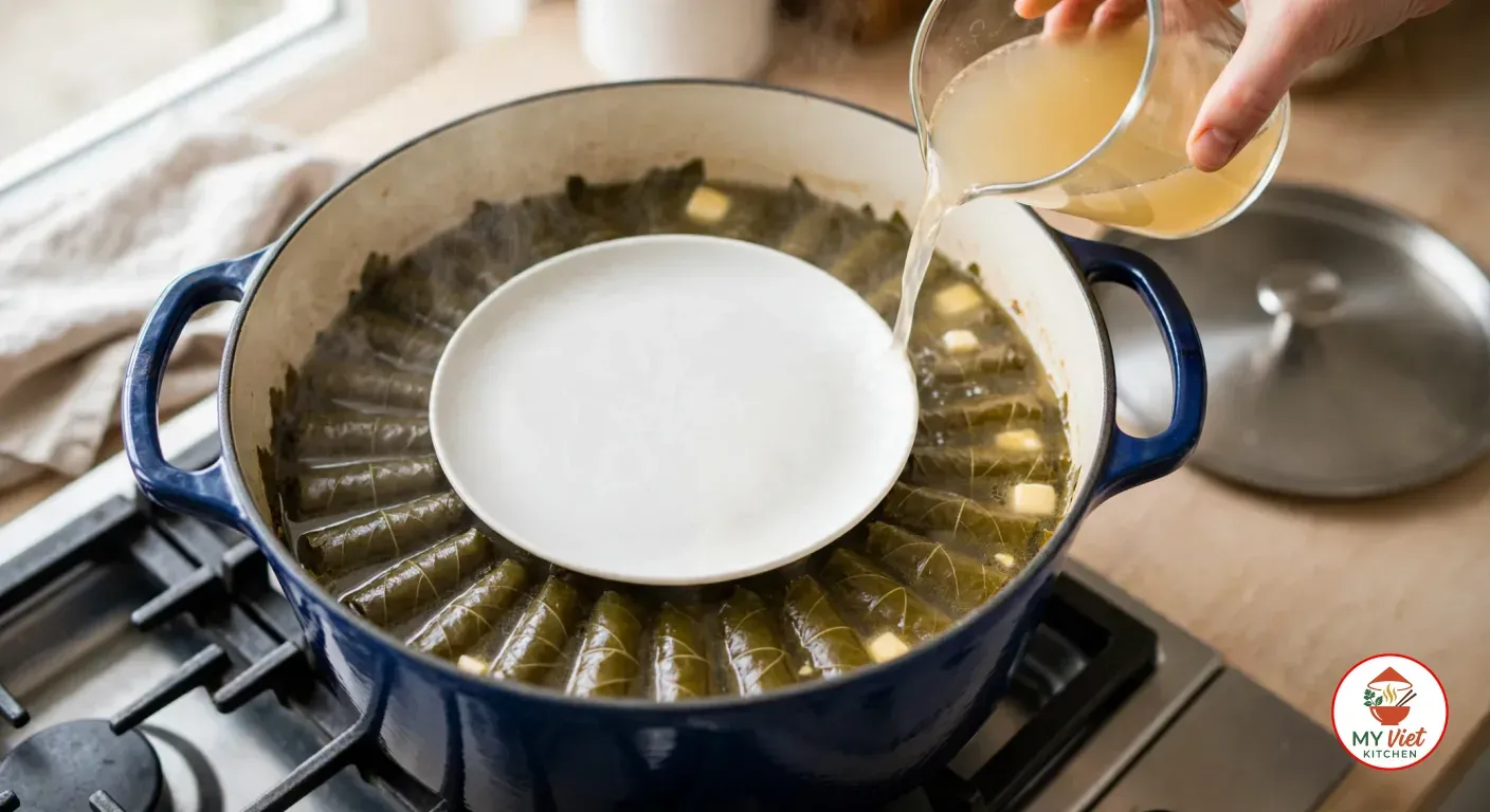 A hand pouring pale golden lemony broth from a glass jug into a cobalt-blue enamelled pot of tightly packed grape leaf rolls on a gas stove, an upturned white plate pressing the rolls down and small cubes of butter floating in the liquid