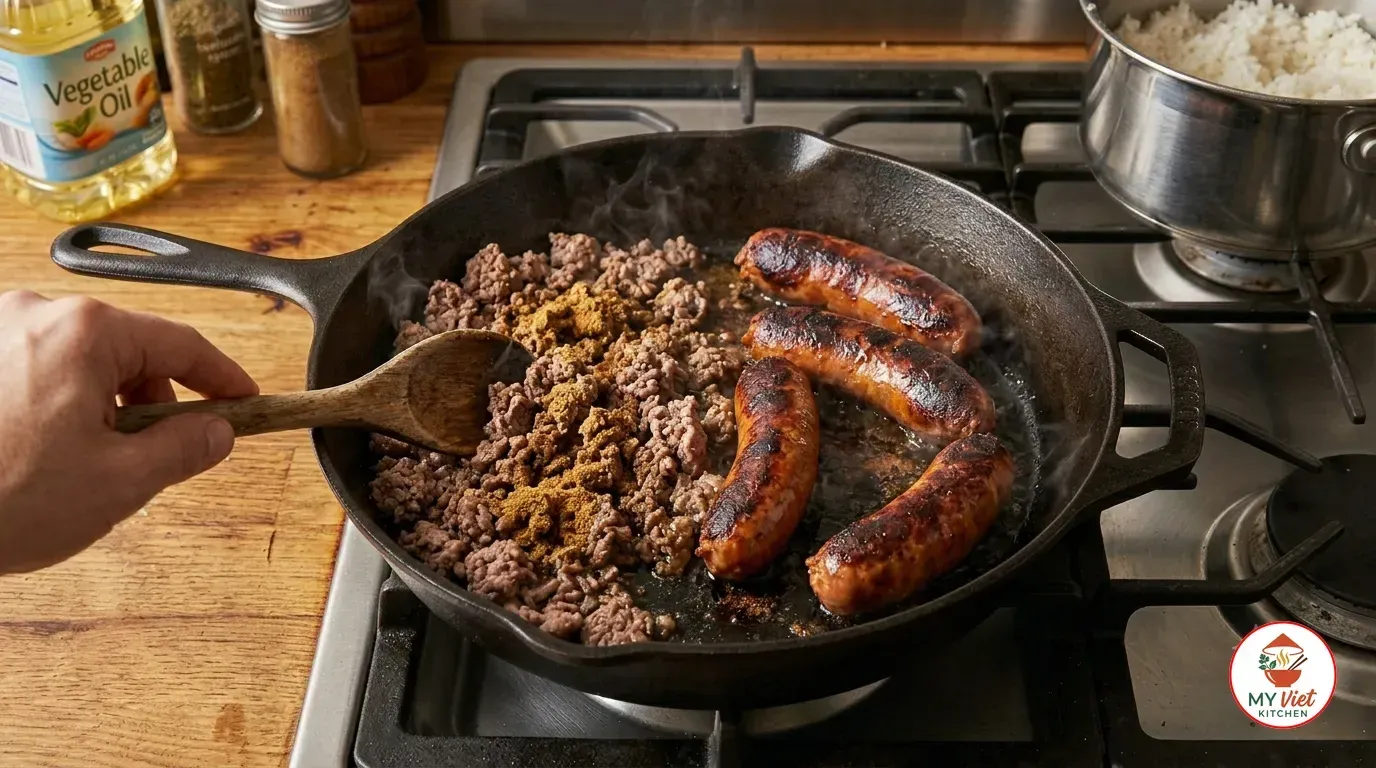 Step 5- Cook the Ground Beef and Chorizo