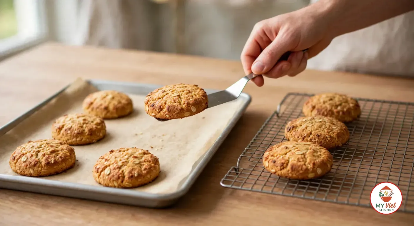Lifting a baked golden ANZAC biscuit off the lined baking tray with a metal spatula onto a wire rack, where more biscuits are cooling