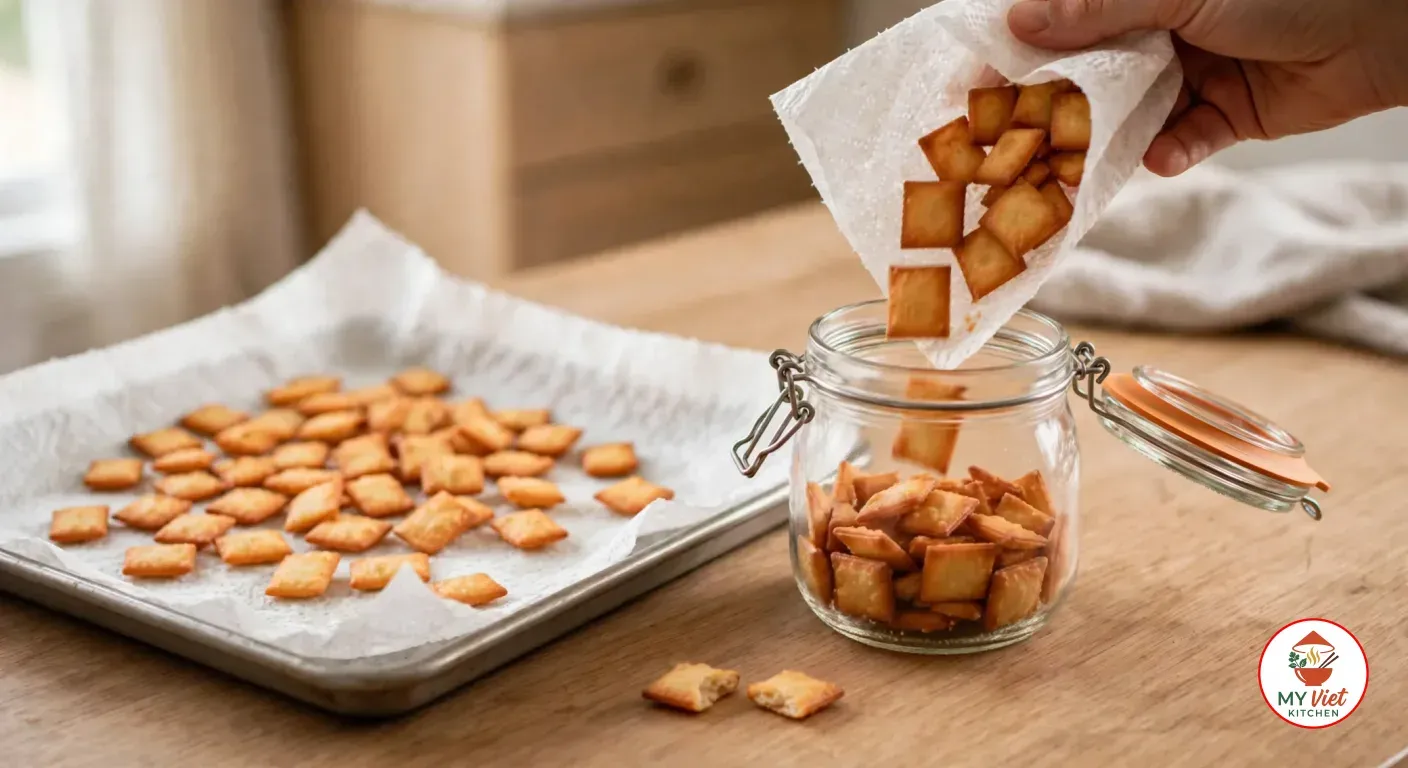 A hand pouring cooled golden chin chin from a folded paper towel into a clip-top glass jar with an orange seal, beside a paper-lined metal tray of pieces in a single layer and two halves of a snapped piece on an oak counter