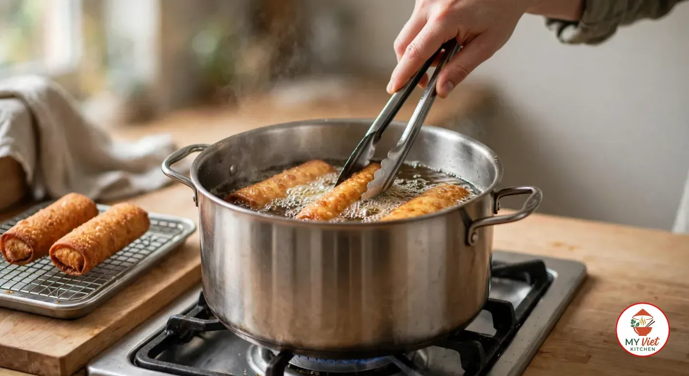 A hand turning a chiko roll with metal tongs in a deep stainless-steel pot of bubbling oil on a gas stove, with three rolls frying and two finished rolls on a wire rack beside the pot