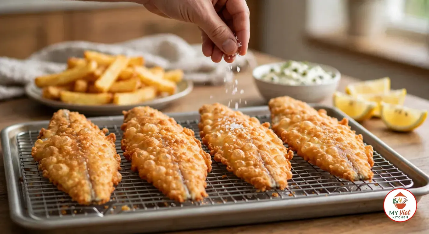 Sprinkling flaky sea salt over four golden, bubbly beer-battered flathead fillets draining on a wire rack set over a baking tray, a plate of thick-cut chips, a bowl of tartare sauce and lemon wedges behind them on a wooden table