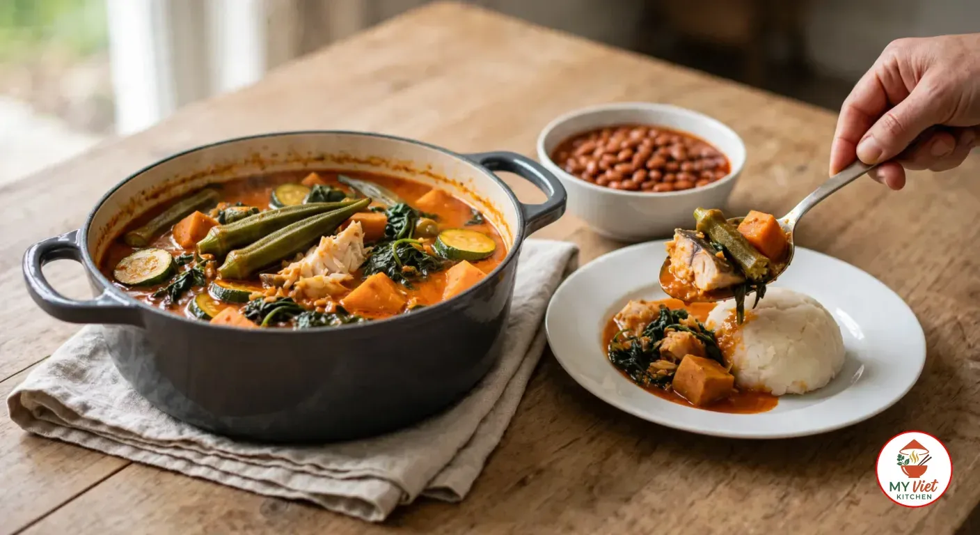 Lifting a spoonful of calulu with white fish, okra and sweet potato from a dark grey pot of the stew onto a white plate with funge, beside a bowl of beans in palm oil on a wooden table