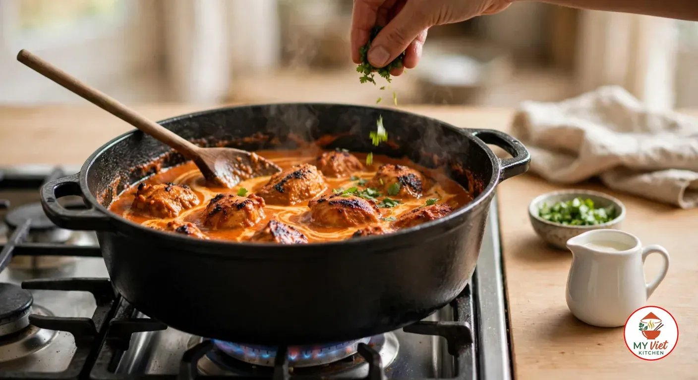 A hand scattering chopped cilantro over charred chicken tikka pieces in an orange-red tomato and cream sauce in a black cast-iron Dutch oven, with a small jug of cream and a bowl of chopped cilantro beside the stove