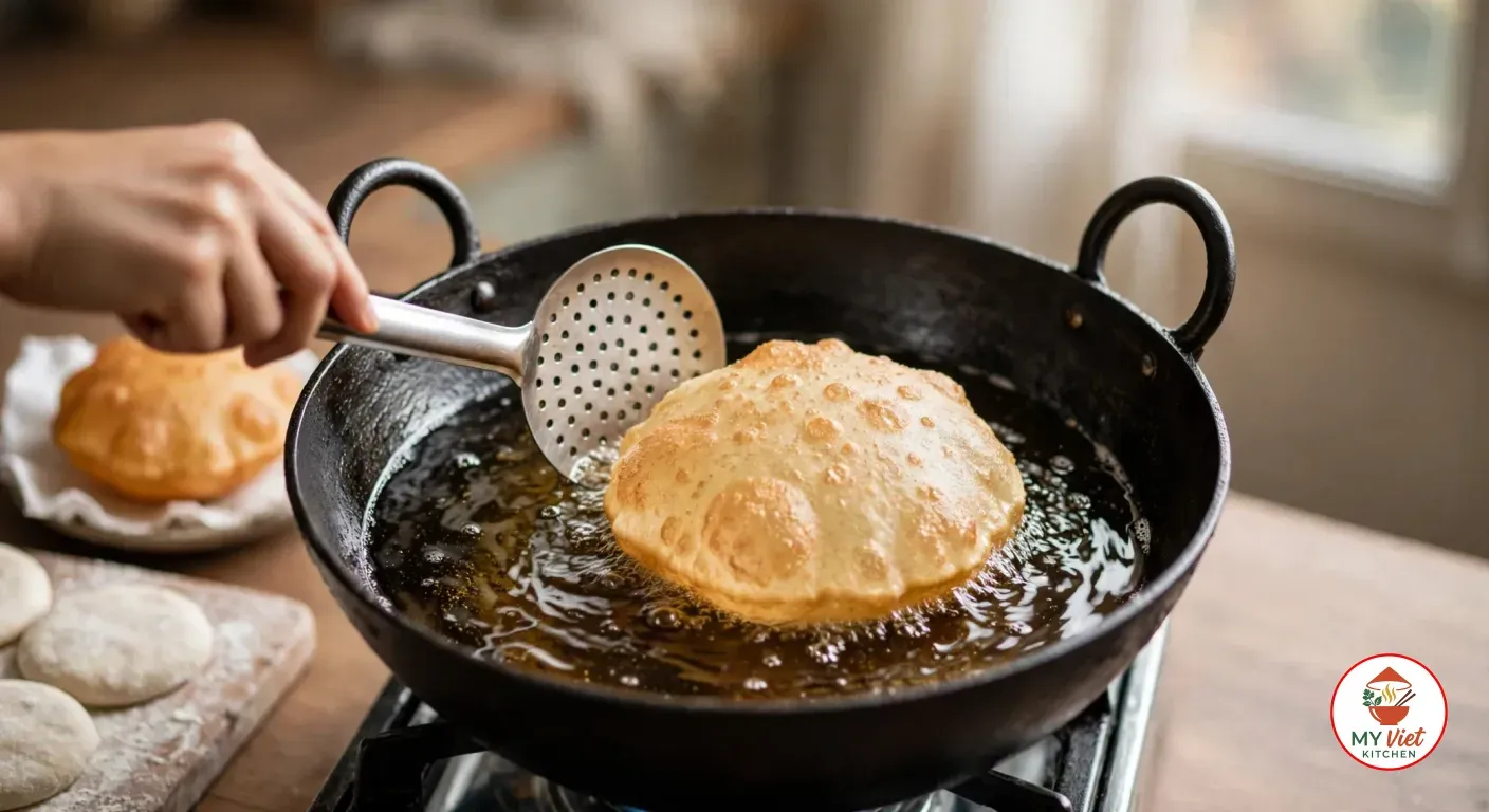 A bhatura puffed up like a golden balloon in hot oil in the black cast-iron kadhai, a hand holding a steel skimmer at its edge, with a fried bhatura on paper towel and rolled dough rounds on a floured board