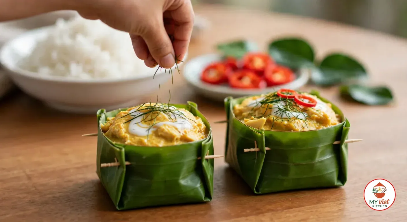 A hand sprinkling fine threads of kaffir lime leaf over a banana-leaf cup of fish amok topped with coconut cream, next to a second cup with lime leaf and red chilli rings, with a bowl of jasmine rice and a dish of sliced red chilli behind