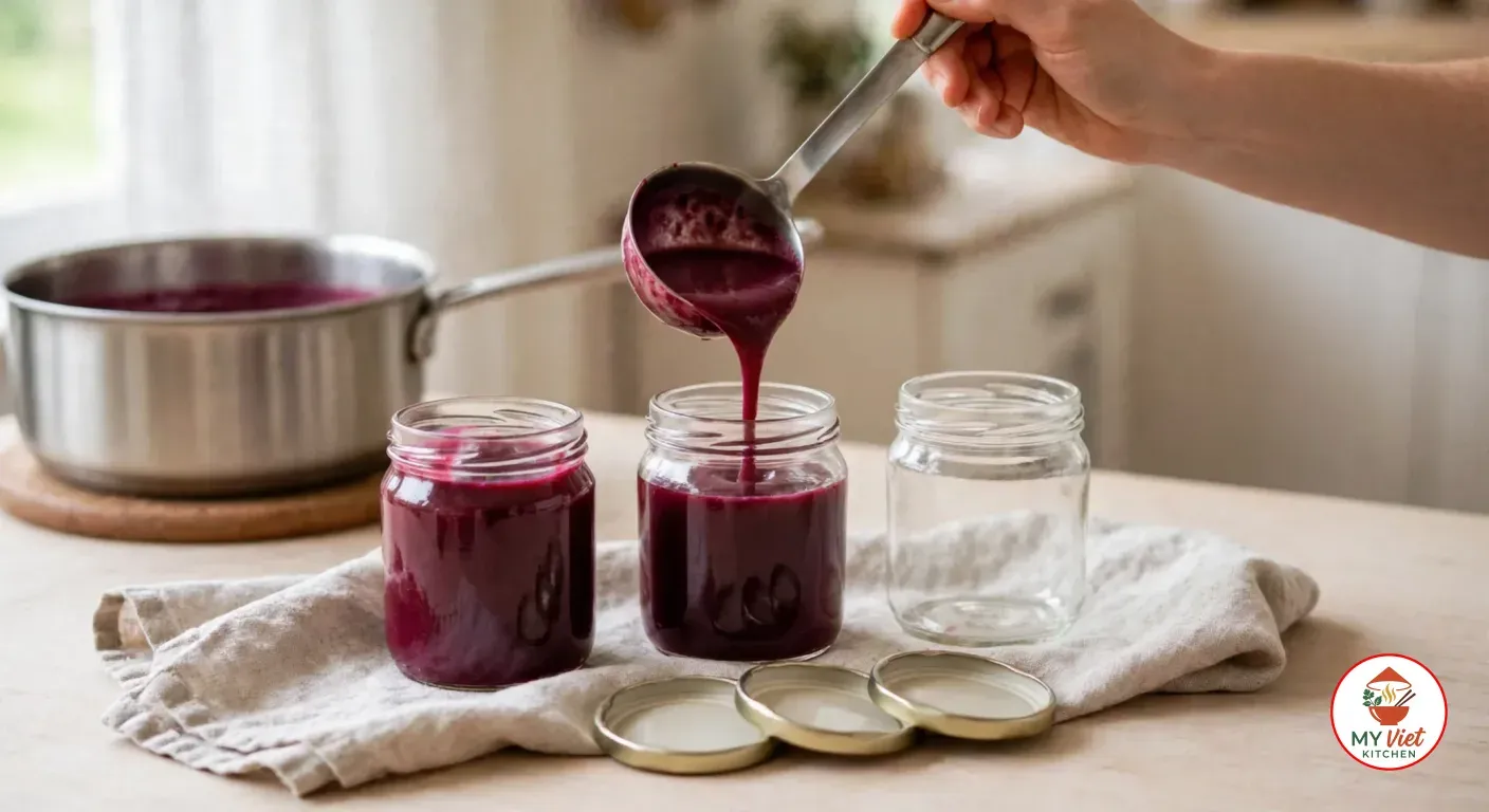A hand pouring glossy dark purple sauce from a steel ladle into the second of three small glass jars on a linen tea towel, with three gold lids in front and the stainless steel saucepan behind on a cork trivet