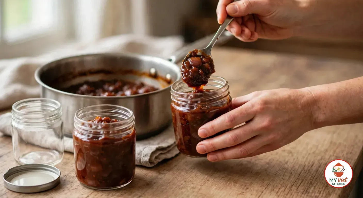 Spooning thick dark reddish-brown bush tomato chutney into a small clear glass jar held on a wooden counter, with a filled jar, an empty clean jar and a silver metal lid in front and the stainless steel saucepan of remaining chutney on a linen cloth behind