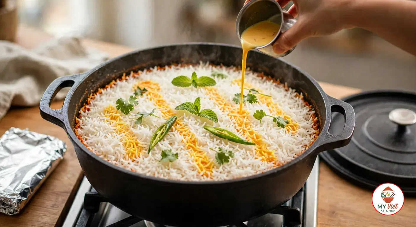 Pouring saffron milk from a small steel cup in streaks over a layer of white basmati rice in a black cast-iron Dutch oven on a gas stove, the rice scattered with mint, cilantro and slit green chilies, a folded sheet of foil and the heavy lid waiting beside the stove