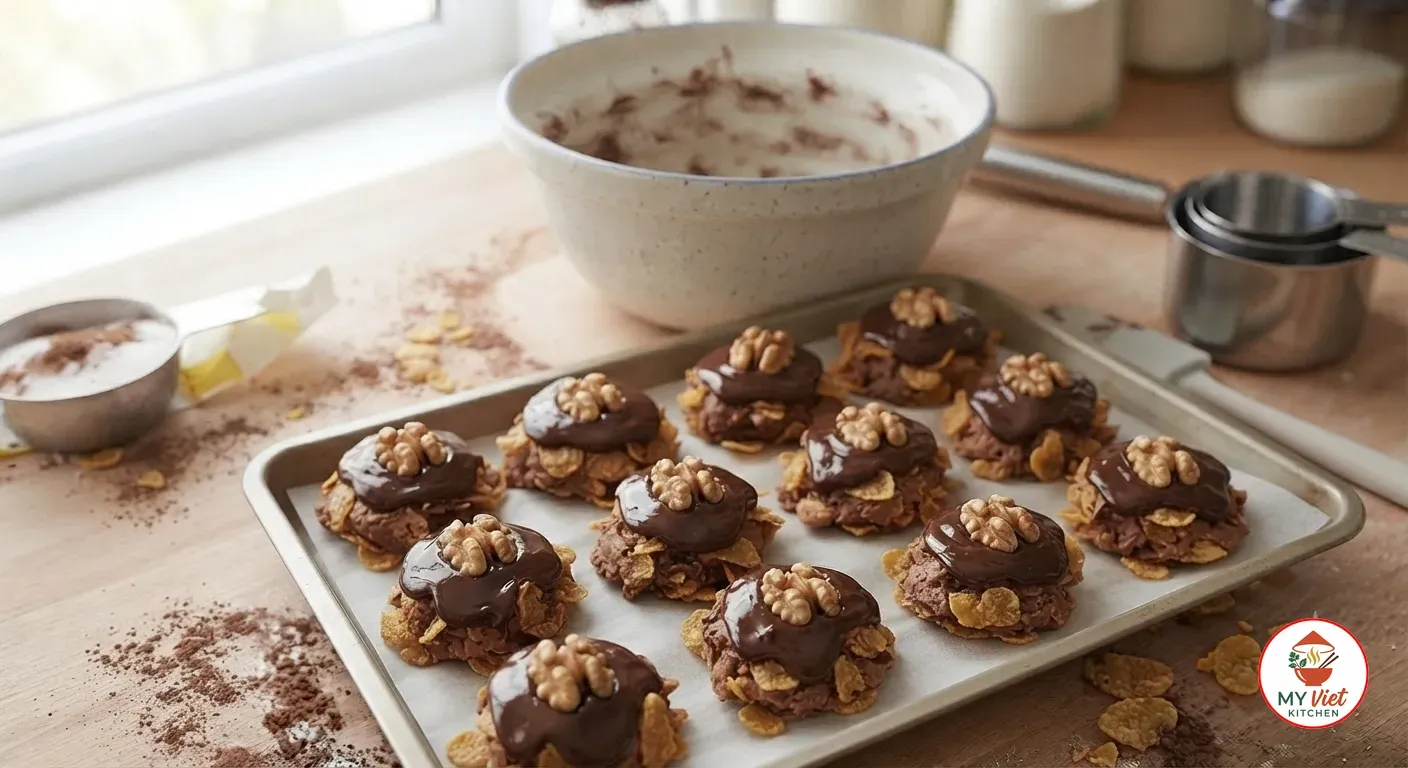Afghan biscuits topped with glossy chocolate icing and walnut halves on a baking tray