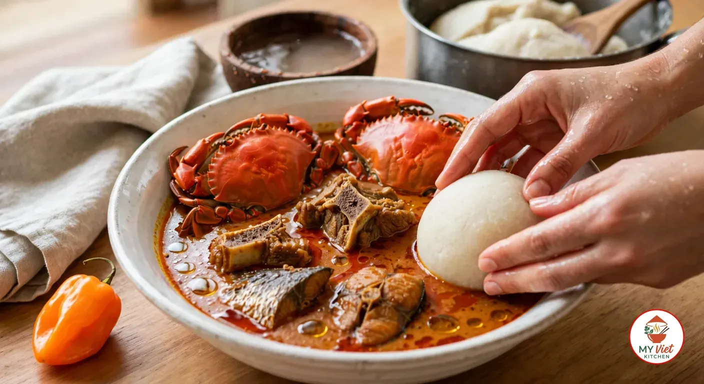 Two wet hands setting a smooth ball of pale fufu into a white bowl of palm nut soup with two whole crabs, goat and smoked fish, with a pan of fufu dough, a bowl of water and an orange habanero around it