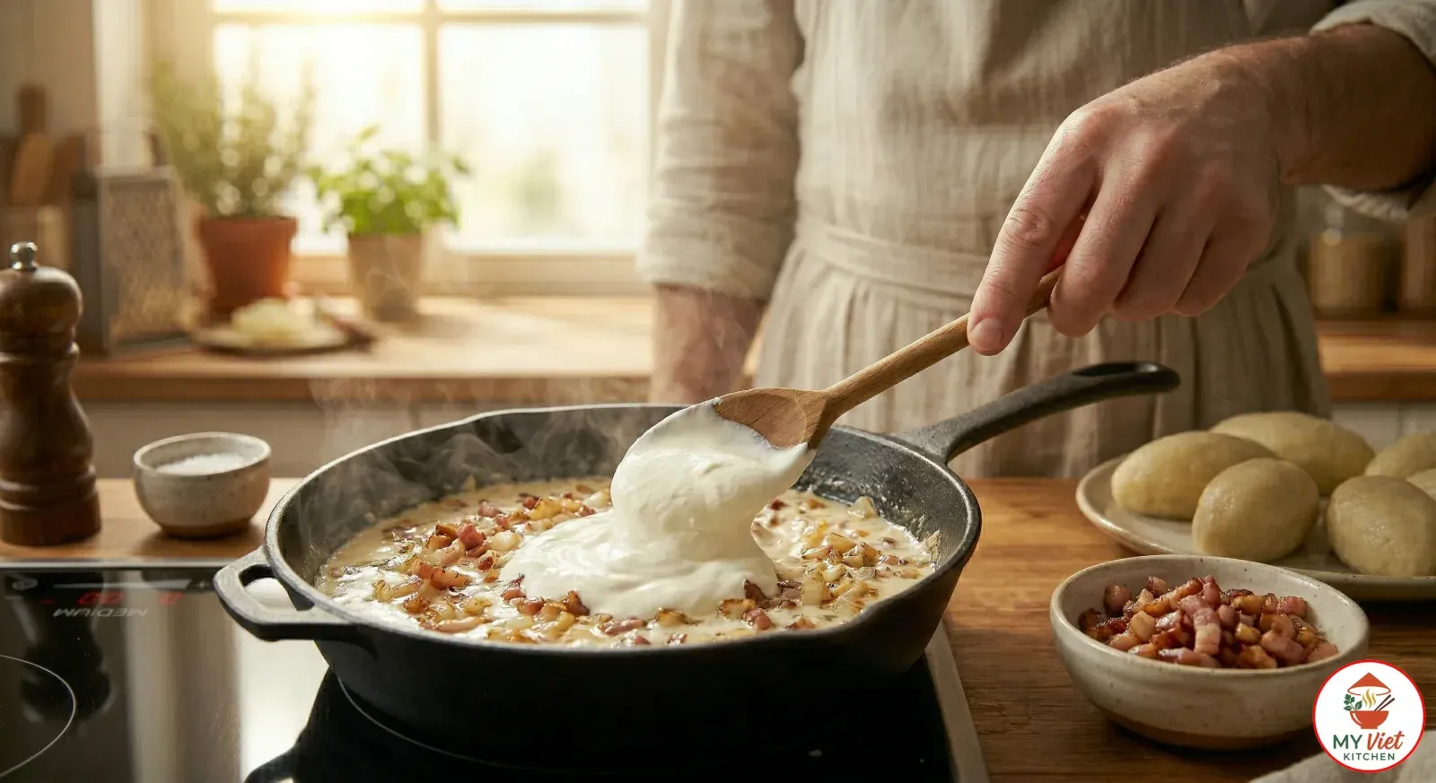 Step 5- Make the Sour Cream and Bacon Sauce