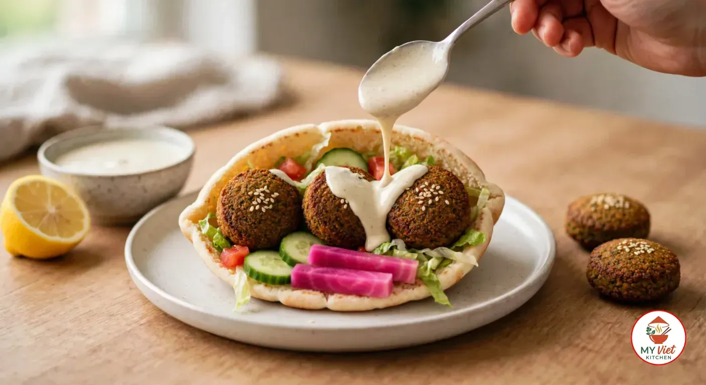 A hand drizzling tahini sauce from a spoon over three fried falafel in an open pita pocket with lettuce, tomato, cucumber and bright pink pickled turnips on a white plate, next to a bowl of tahini, half a lemon and two more falafel