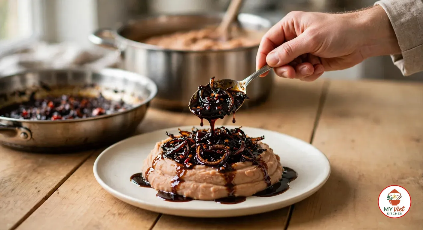 A hand spooning very dark agoyin sauce with fried onions over a mound of smooth, pale pinkish-tan mashed beans on an off-white plate, the sauce running down the sides, with the pan of sauce and a pot of mashed beans behind