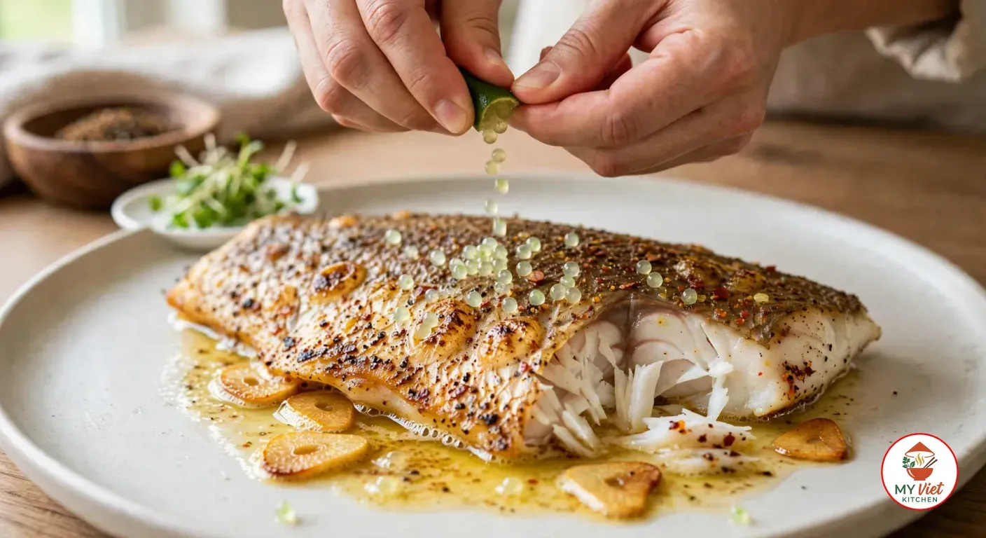 Squeezing a halved finger lime over a crispy-skinned, spice-speckled barramundi fillet on an off-white plate so its tiny pale green pearls fall onto the fish, garlic butter and golden garlic slices around it, a small dish of micro herbs and a wooden bowl of spice behind it