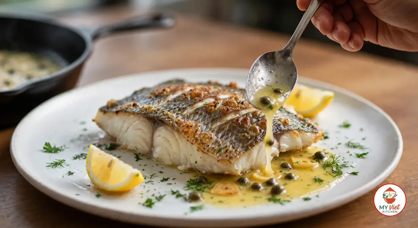 Spooning lemon butter sauce with capers and garlic slices beside a skin-up crispy barramundi fillet on a white plate, lemon wedges and chopped parsley and dill on the plate, the cast-iron skillet of sauce blurred behind it on a wooden counter