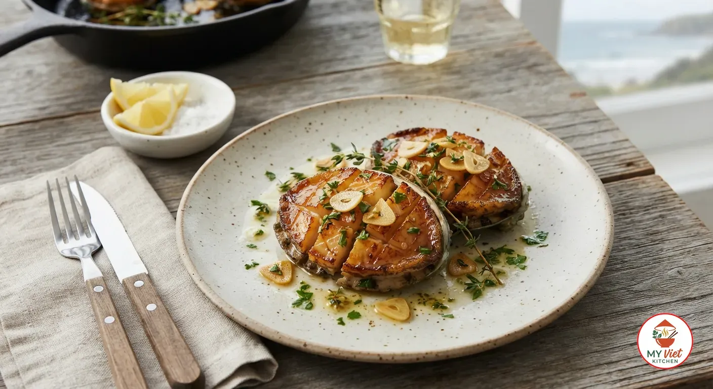 Pan-seared abalone plated with garlic butter sauce, thyme, parsley and lemon wedges