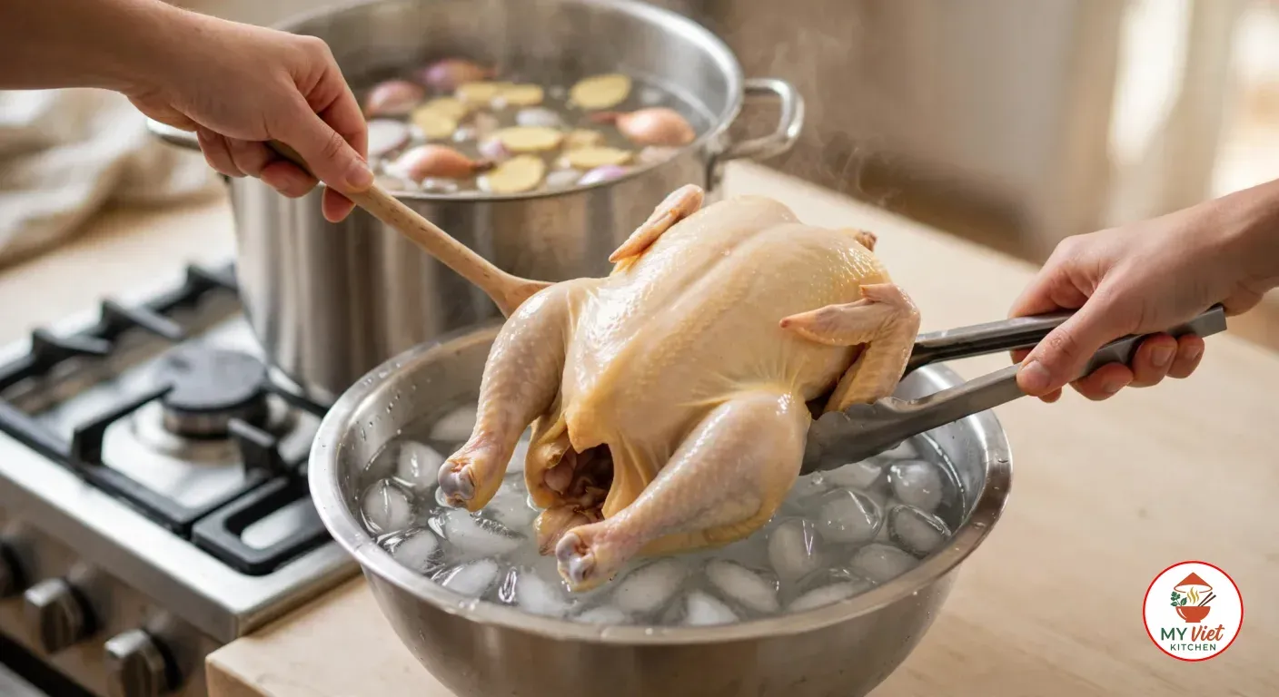 Hands lowering a whole poached hen with smooth golden skin into a bowl of ice water, the poaching pot with ginger and shallots steaming behind