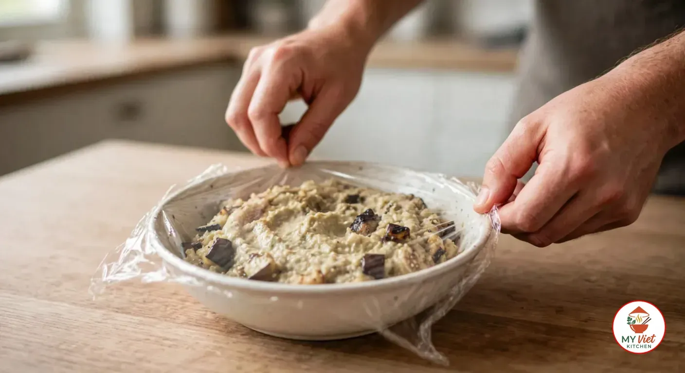 Stretching clear cling film over the ceramic bowl of mixed baba ganoush before it goes into the fridge