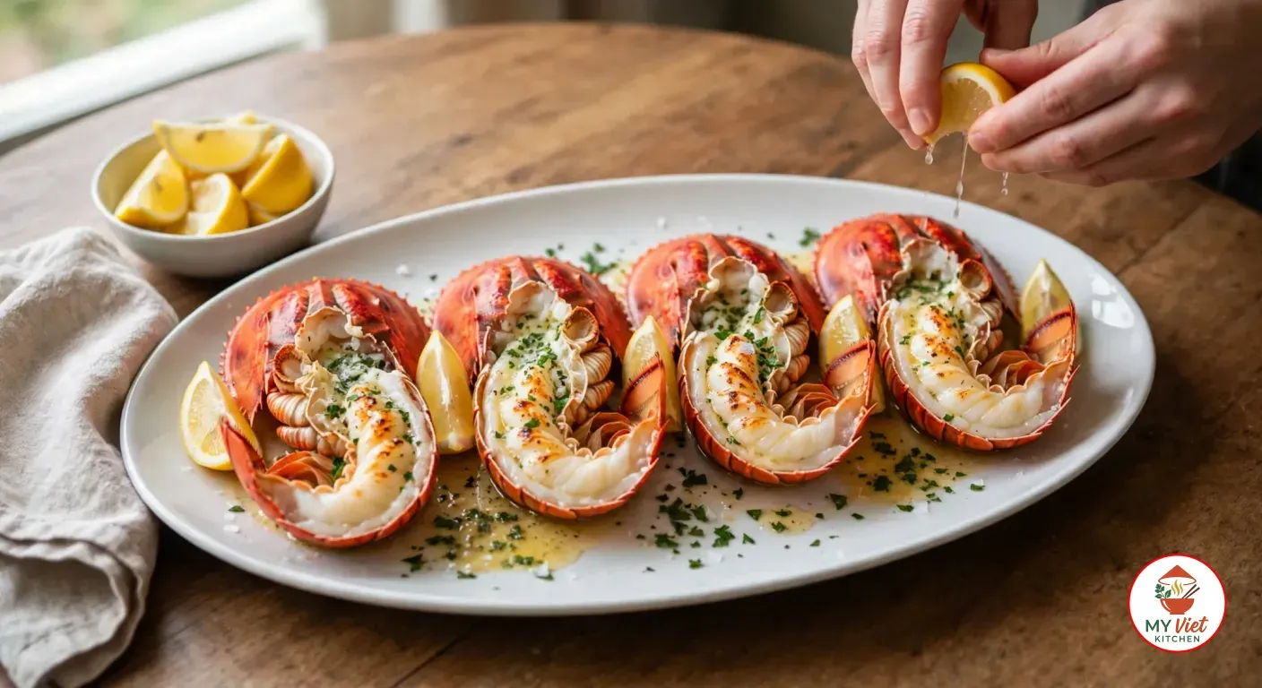 Squeezing a lemon wedge over four grilled Balmain bugs on an oval white platter with lemon wedges, chopped parsley and pooled garlic butter, beside a bowl of lemon wedges and a linen napkin