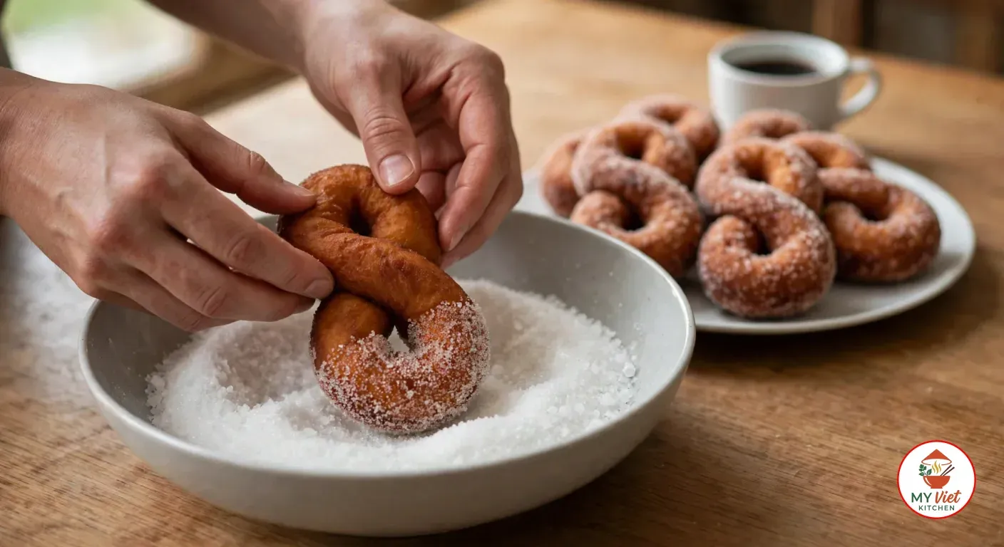 Two hands turning a warm figure-eight doughnut in a wide grey bowl of granulated sugar, with a plate of sugar-coated firi firi and a cup of black coffee behind on a wooden table